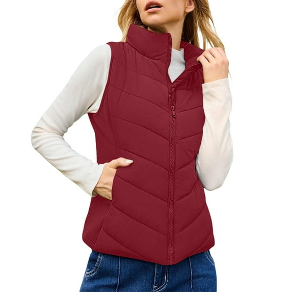 Yigetop Womens Puffer Vest Puffer Vest Women Sleeveless Zip Up Outerwear Stand Collar Quilted Vest Warm Winter Jackets Coats with Pocket Womens Vest Jacket Wine L