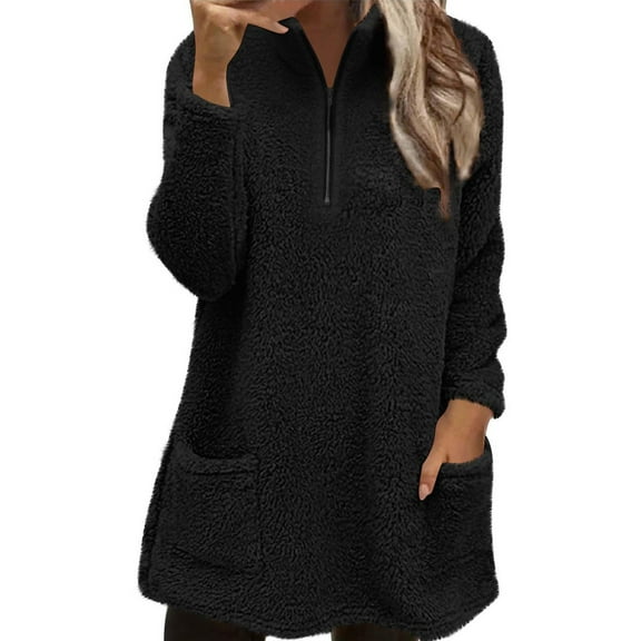 Yigetop Womens Quarter Zip Pullover, Womens Fall Fashion 2025 Fuzzy Fleece Pullover Sweatshirt Fall Winter Clothes Soft Warm Long Hoodie with Pocket 1/4 Zip Pullover Women Black L