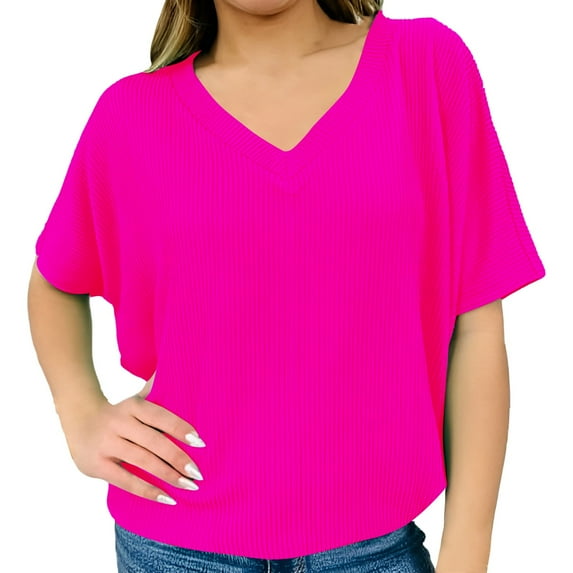 Yigetop Womens Shirts, Weekeen Top Take A Chance Top Bat Wing Tops for Women Knit Tops for Women Summer V Neck T Shirts for Summer Shirts for Women Hot Pink 4XL