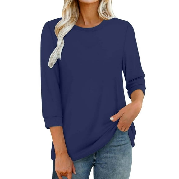 Yigetop Womens Summer Tops, Women's Round Neck Solid Color 3/4 Sleeves Blouse Tops Women's Blouse T Shirt Ladies Tops and Blouses Navy 2XL