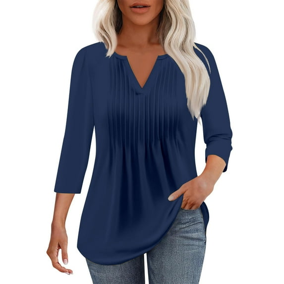 Yigetop Womens Tops! 3/4 Sleeve Blouses for Women Casual V Neck Summer Tops for Women with Leggings Pleated Curved Tunic 3/4 Sleeve Tops for Women Blue L