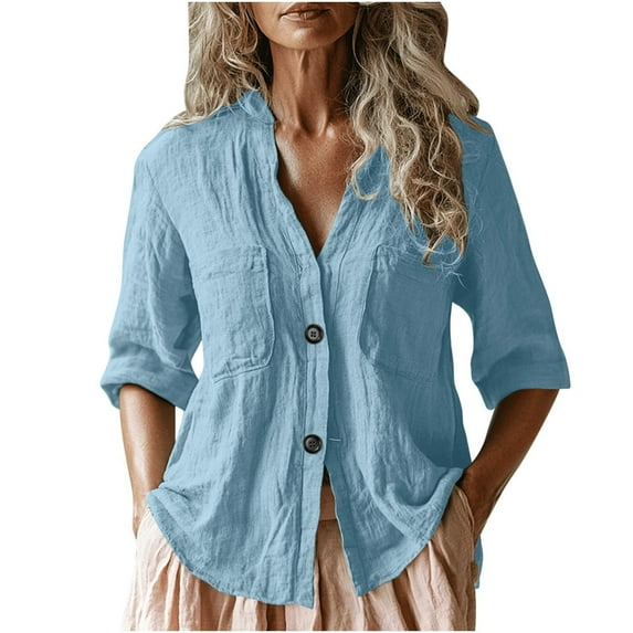 Yigetop Womens Tops Casual! Button Down Shirt for Women Summer Cotton Linen 3/4 Sleeve Blouse Casual V Neck Collarless Beach Top with Pockets 3/4 Length Sleeve Womens Tops Blue 2XL