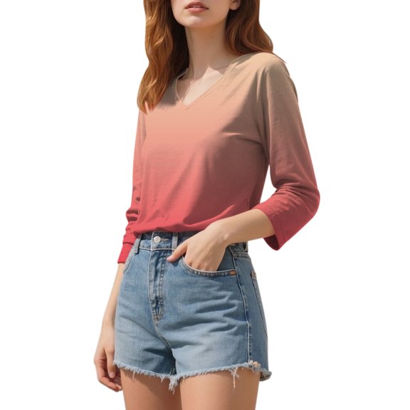 Yigetop Womens Tops Casual, Womens Tops 3/4 Sleeve Print Plain Travel Cute Tops V Neck Slim Fit Half Sleeve Tshirts Shirts Blouse Quarter Sleeve Tops for Women orange S