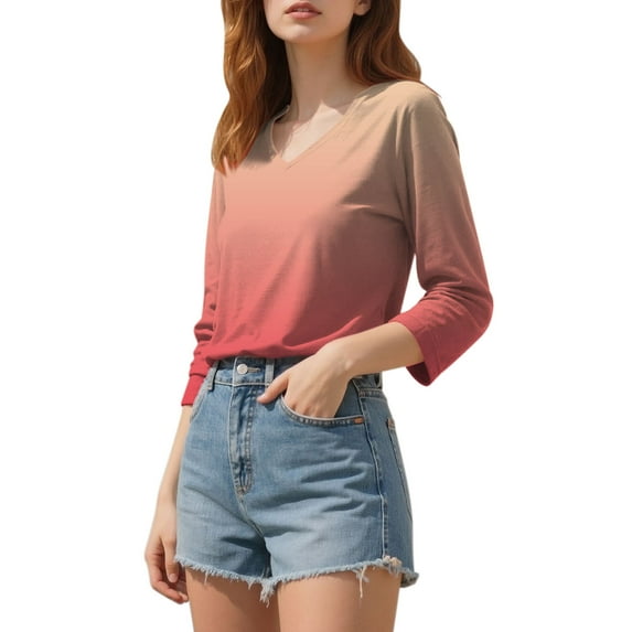 Yigetop Womens Tops Casual, Womens Tops 3/4 Sleeve Print Plain Travel Cute Tops V Neck Slim Fit Half Sleeve Tshirts Shirts Blouse Quarter Sleeve Tops for Women orange 2XL