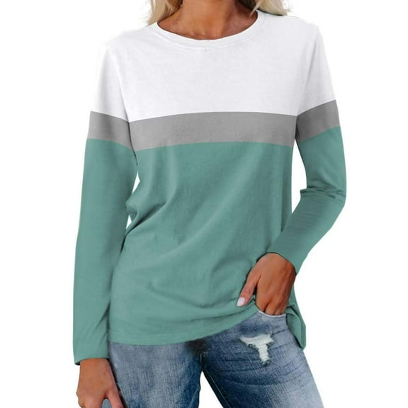 Yigetop Womens Tops Women's Color Block Tunic Tops Casual Long Sleeve Shirts Round Neck Pullover Colorblock Tops for Women Light Blue XL