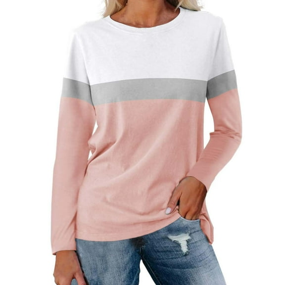 Yigetop Womens Tops Women's Color Block Tunic Tops Casual Long Sleeve Shirts Round Neck Pullover Colorblock Tops for Women Pink XL