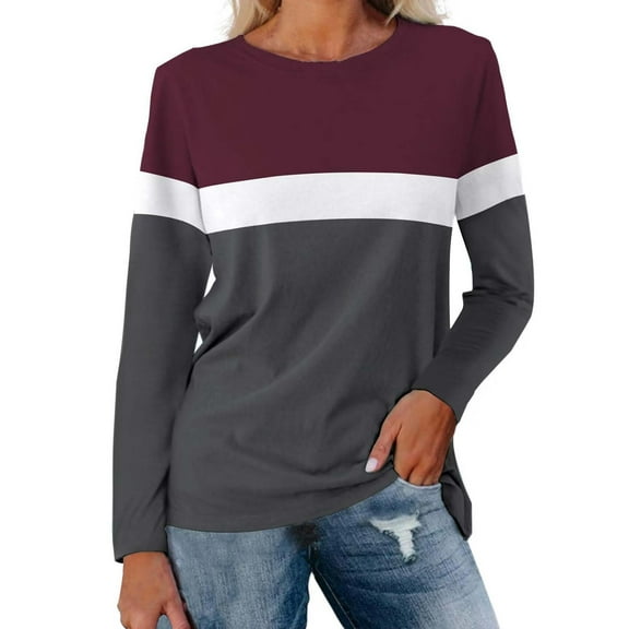 Yigetop Womens Tops Women's Color Block Tunic Tops Casual Long Sleeve Shirts Round Neck Pullover Colorblock Tops for Women Wine 2XL