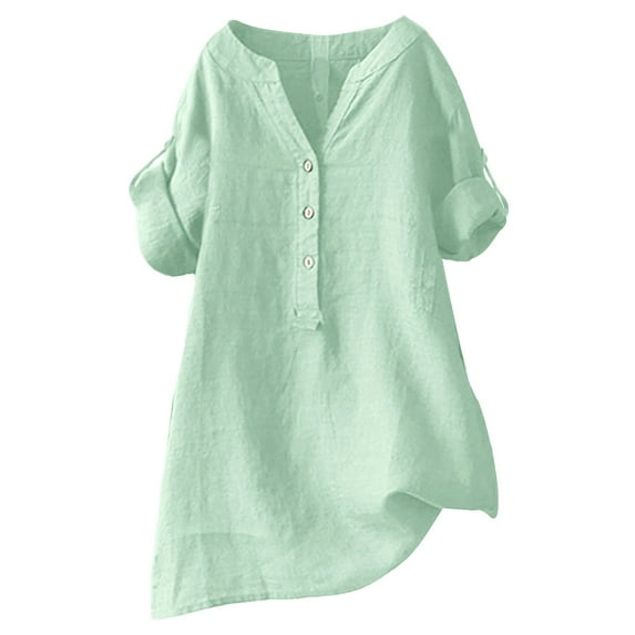 Yigetop Womens Tops! Women's Solid Color Button Tied Rope Stand Collar Cotton Linen Long Sleeve Top T Shirt Linen Shirts for Women Mint Green L