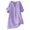 thumbnail image 1 of Yigetop Womens Tops! Women's Solid Color Button Tied Rope Stand Collar Cotton Linen Long Sleeve Top T Shirt Linen Shirts for Women Purple XL, 1 of 4