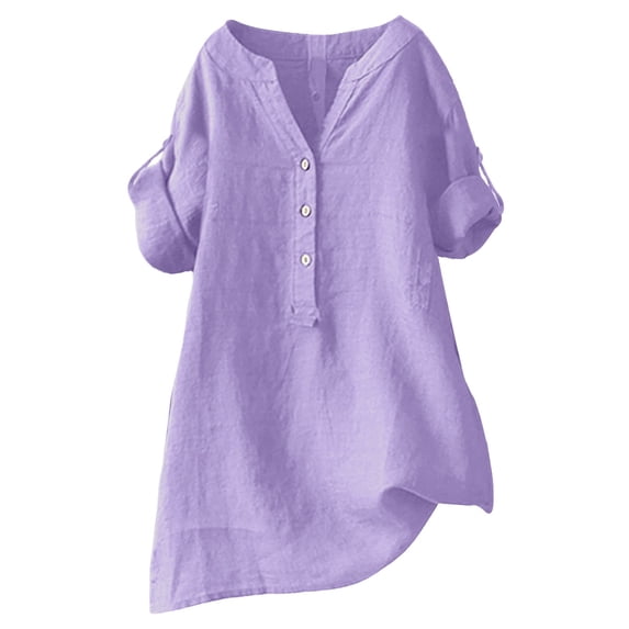 Yigetop Womens Tops! Women's Solid Color Button Tied Rope Stand Collar Cotton Linen Long Sleeve Top T Shirt Linen Shirts for Women Purple XL