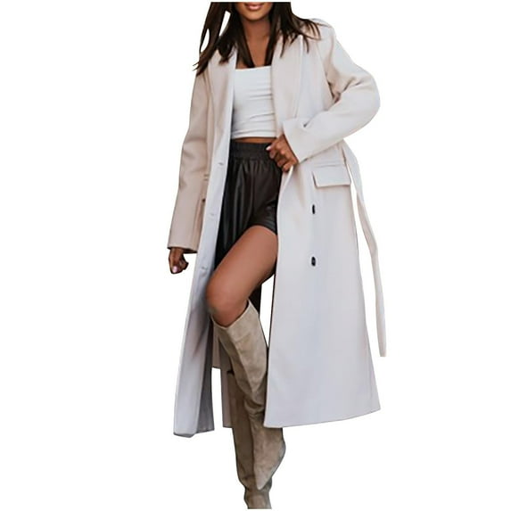 Yigetop Womens Trench Coat Womens Long Trench Coat Oversized Double Breasted Lapel Overcoat Outerwear with Belt 2025 Fall Fashion Clothes Womens Winter Coats Clearance White M
