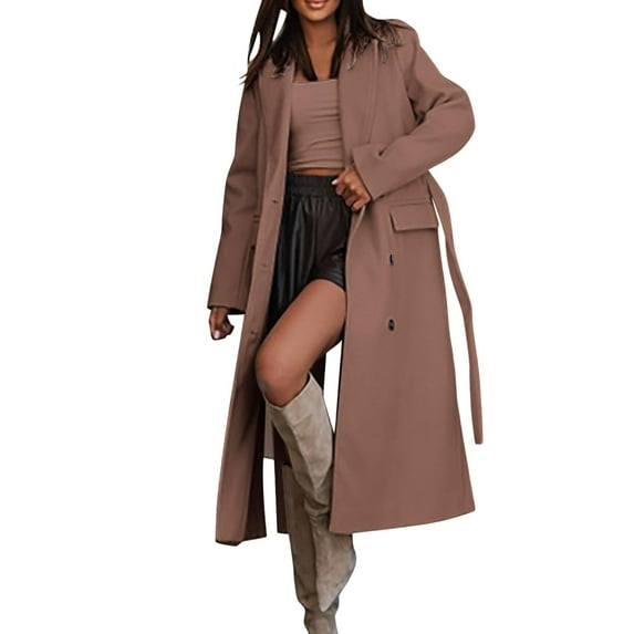 Yigetop Womens Trench Coat Womens Long Trench Coat Oversized Double Breasted Lapel Overcoat Outerwear with Belt 2025 Fall Fashion Clothes Womens Winter Coats Clearance Khaki M