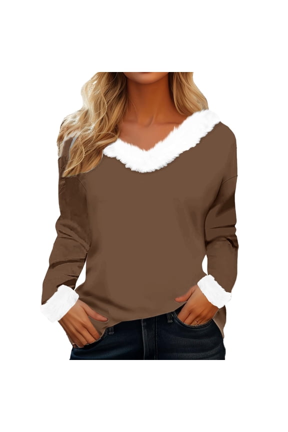 Womens Trendy Fall Clothes 2025, Women's Autumn Winter Plush Collar Cuffs Christmas Solid Color Loose Casual Long Sleeved T Shirt Tops for Women 2025 Brown S