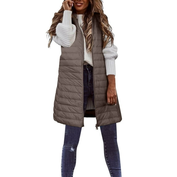 Yigetop Womens Vest Women's Down Vest Long Winter Thin and Light Down Coat Casual Down Coat Slim Gilet Quilted Jacket Outdoor Winter Coat Vest with Pockets Puffer Vests for Women 2024 Trendy Khaki XL