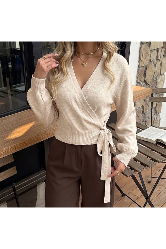 Womens Wrap V Neck Knit Sweater Side Tie Waist Long Puff Sleeve Color Block Cropped Casual Fall Winter Pullover Top Soft Beige L