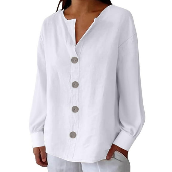 Yigetop Work Blouses for Women, Womens Fall Fashion 2025 Button V Neck Blouse Long Sleeve Casual Blouses Loose Fit Shirt Tops Womens Long Sleeve Shirts White S
