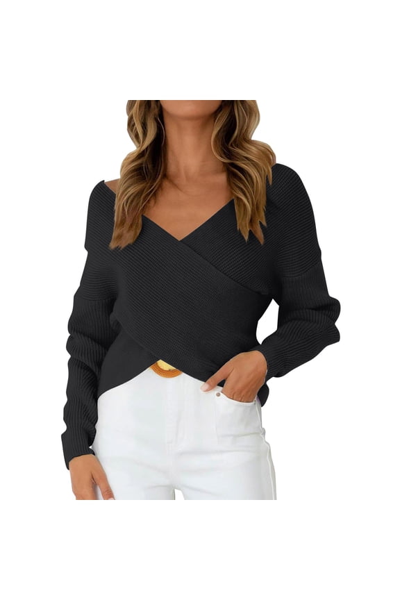 Wrap Sweater for Women Women’S Trendy Elegant V Neck Long Sleeve off Shoulder Jumper Top Criss Cross Wrap Ruched Pullover Tops Women V Neck Sweater Black, M