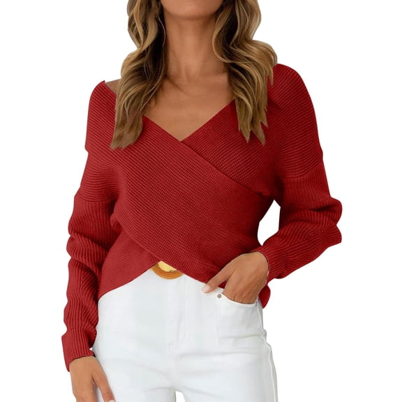 Yigetop Wrap Sweater for Women Women’S Trendy Elegant V Neck Long Sleeve off Shoulder Jumper Top Criss Cross Wrap Ruched Pullover Tops Women V Neck Sweater Red, 2XL