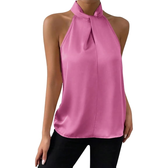 Yigetop formal Halter Tops for Women, Womens Elegant Front Sleeveless Satin Blouse Keyhole Back Tank Top Silk Tops for Women Dressy Pink M