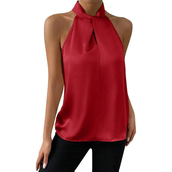 Yigetop formal Halter Tops for Women, Womens Elegant Front Sleeveless Satin Blouse Keyhole Back Tank Top Silk Tops for Women Dressy Red M