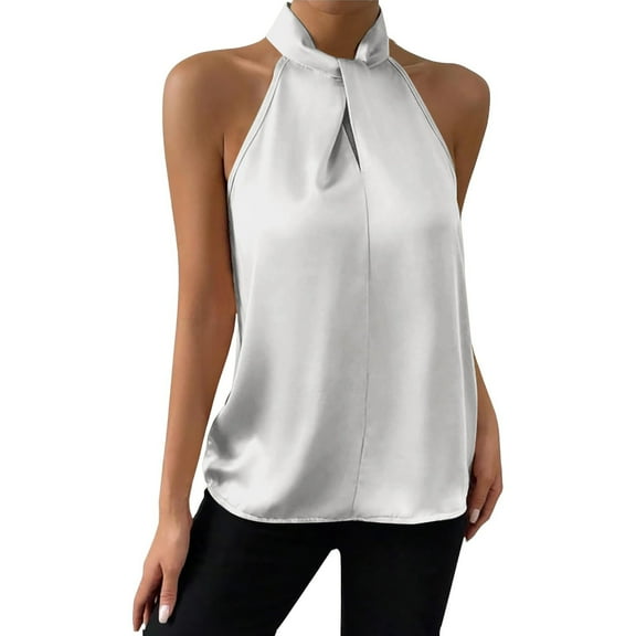 Yigetop formal Halter Tops for Women, Womens Elegant Front Sleeveless Satin Blouse Keyhole Back Tank Top Silk Tops for Women Dressy White M