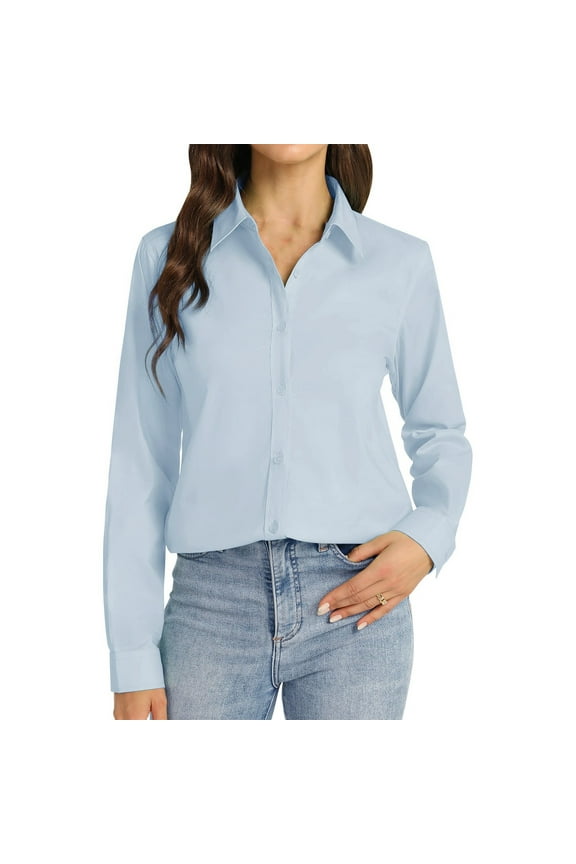 office Shirts for Women Women's Basic Work office Drop Shoulder Blouse Casual Loose Long Sleeve Tops 2025 Fall Fashion Clothes Work Blouses for Women Blue, XS