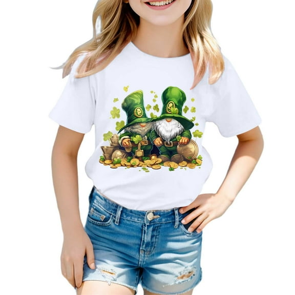 Yigsgc St. Patricks Day T-Shirt for Kids Cartoon Leprechaun Printed Shirts Short Sleeve Graphic Tees Tops,Color White,Size 8-9 Years