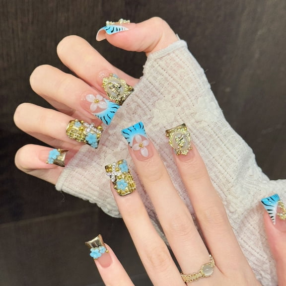 Yihe [Baroque Dream] retro gold jewelry blue pattern wearing armor angel cross cross-border duck bill fake nails