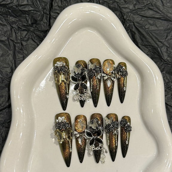Yihe [Black Gold Butterfly] pure handmade wearable nail high-end sense heavy industry cat's eye black gold gothic style factory wholesale