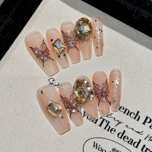 Yihe [Dead Leaf Butterfly] Handmade Wear Nail Caramel Golden Brown Merad Crystal Nail Art False Nail Factory Wholesale