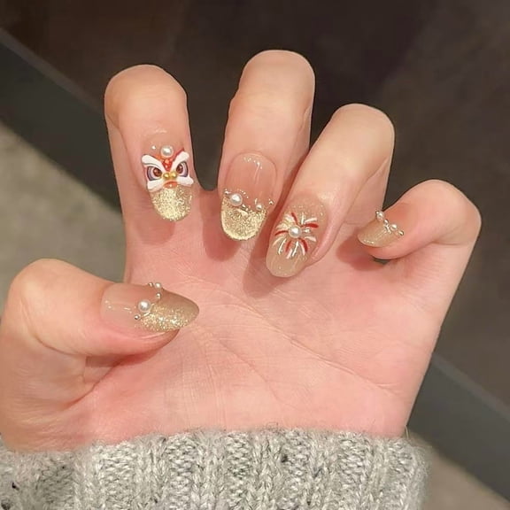 【Yihe Fa Cai Lion Awakening】Pure handmade wearing nails, cat's eyes, fireworks atmosphere, high-end white pearl girl manicure