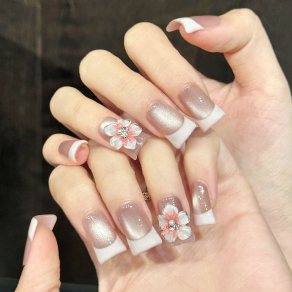 Yihe [Jade Powder Flower Shadow] Naked pink cat's eye French wearing armor three-dimensional hand-carved duck bill cross-border fake nails