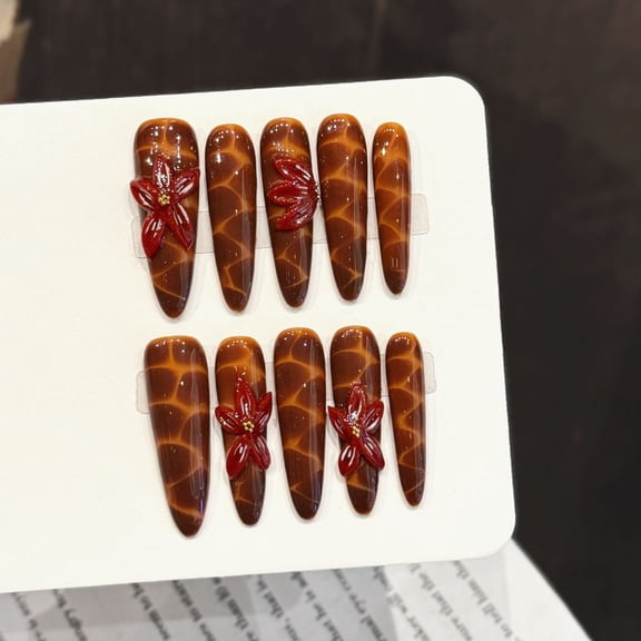 Yihe Original [Brown Pattern Red Bloom] Brown Orange Turtle Crack Red Three-dimensional Flower Nail Art Retro Light Luxury Handmade Nail Wear