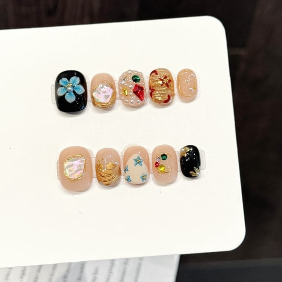 Yihe Original [Color Diamond Star Flower] Purely hand-worn nail pink and black contrasting color Color Diamond Star Flower three-dimensional nail patch