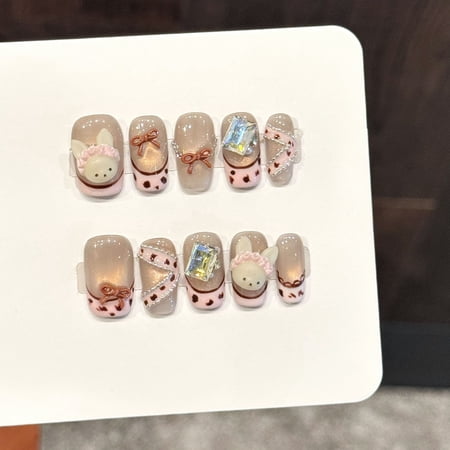 Yihe Original [Cute Rabbit Qiao Knot] Milk Coffee Cute Rabbit Wearing Nail Bow Sweet Sister Wind Pure Handmade Nail Patch