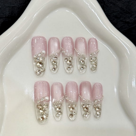 Yihe Original [Full of Diamonds Galaxy] Clear Naked Pink Cat's Eye Fingertip Stacked Diamond Nail Art Sticker Pure Handmade Nail Wear