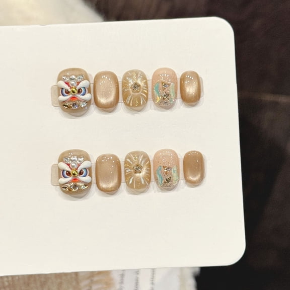 Yihe Original [Golden Lion Symphony] New Year's Lion Awakening Fu Character Red Gold Flash Diamond Nail Art National Style Handmade Wear Nail Pads