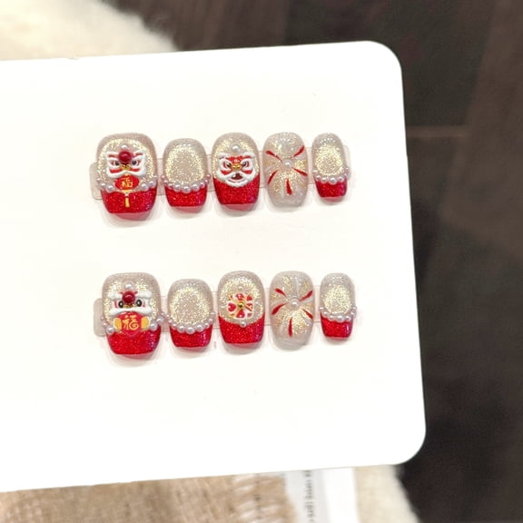 Yihe Original [Lion Awakening Nafu] New Year's Lion Awakening Fu Character Red Gold Flash Diamond Nail Art National Style Handmade Wear Nail Pads