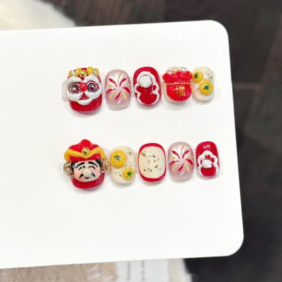 Yihe Original [Lion God Nafu] Lion Awakening God of Wealth Lucky Bag Red Gold Pattern Handmade Nail Wear New Year's Nail Patch