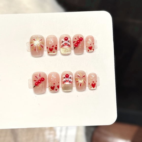 Yihe Original [Pink Lion Cute Heart] Naked Pink Lion Red Diamond Love Pattern Handmade Wear Nail New Year Nail Patch