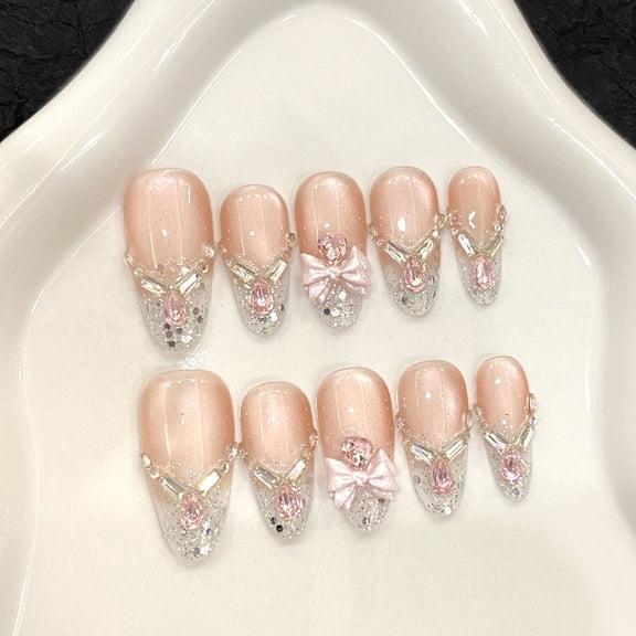 Yihe Original [Princess on the Run] Pure Desire Wind Bow Cat's Eye French Flash Diamond Pink Nail Patch