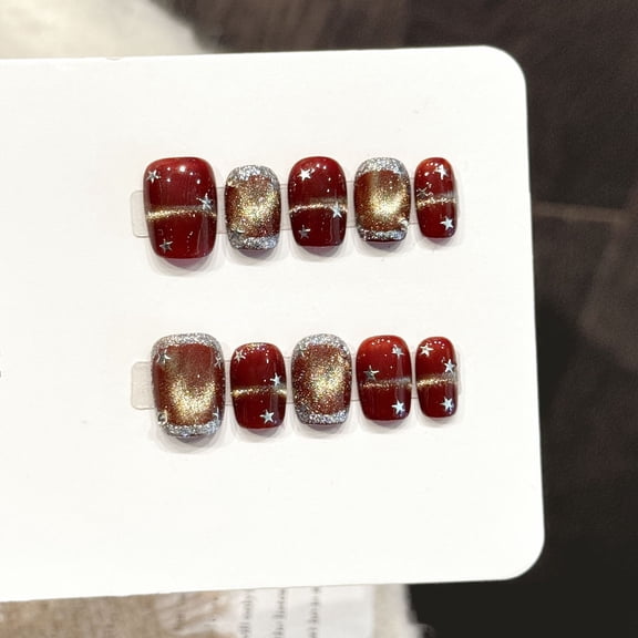 Yihe Original [Rainbow Star Symphony] Red Gold Flash Diamond Star Pattern Handmade Nail Wear New Year's Nail Patch
