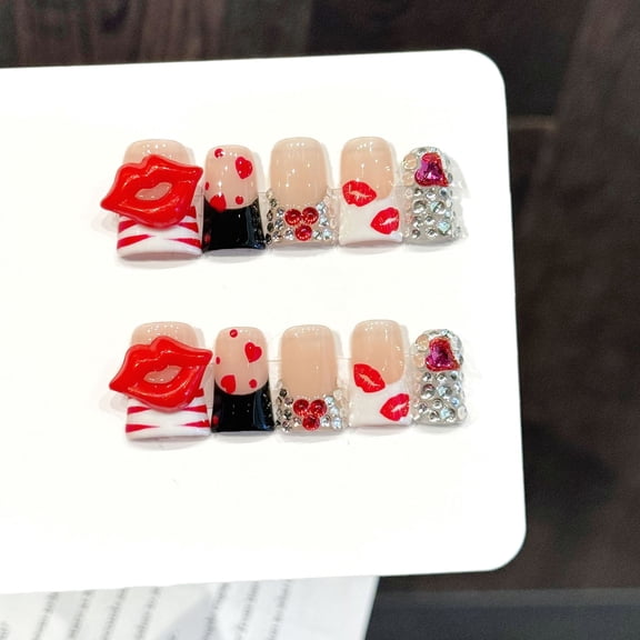Yihe Original [Red Lips Brilliant Heart] Naked Foundation Red Lips Love Handmade Wear Nail Sweet Cool Sexy Wind Fake Nails