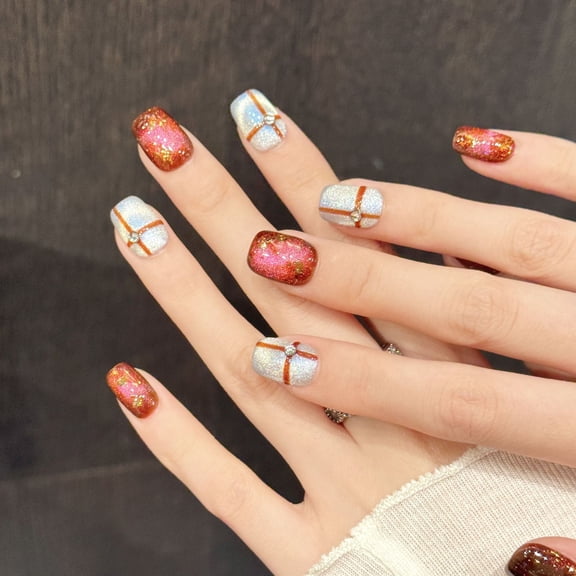 Yihe Original [Red Silver Cross] Red Silver Glitter Cross Nail Art Sticker Contrast Color Kusa Wind Handmade Wear Nail Pad