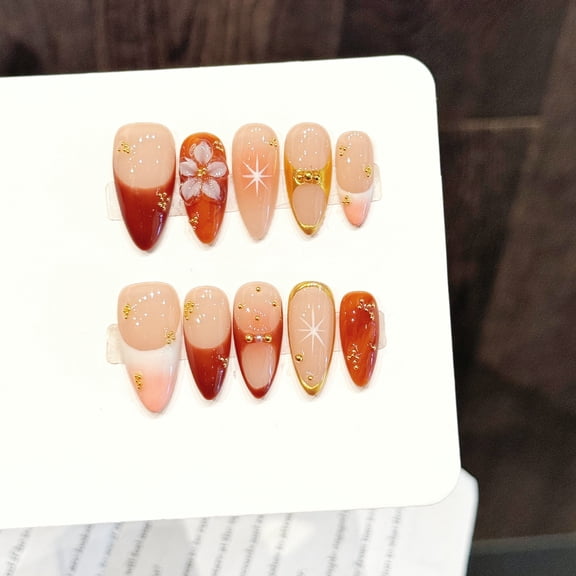 Yihe Original [Sakura Golden Mang] Pink orange gradually changes, crimson gold flash diamond handmade wear nail exquisite temperament nail art
