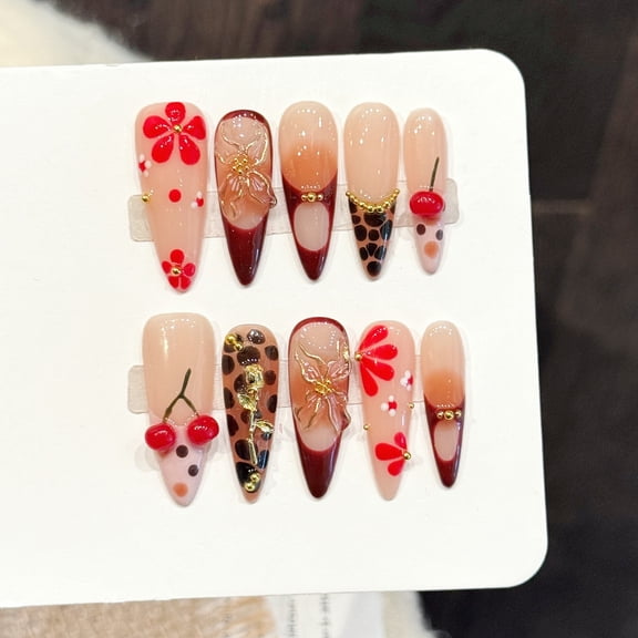 Yihe Original [Sakura Leopard Sweet Cool] Red Sakura Leopard Print Cherry Pattern Pure Handmade Wear Nail Sweet Cool Wind Nail Patch