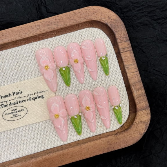 Yihe Original [Soft Pink Elegance] Pure Handmade Carved Pink Advanced Nail Patch Almond Nail Europe and America