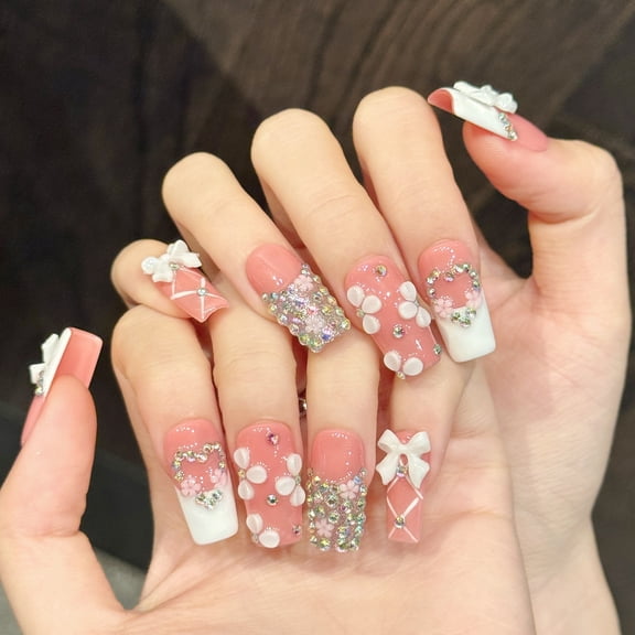 Yihe [Peach Pink Love Song] Peach Pink Bow Wear Nail Carving Shredded Diamond French Cross-border Foreign Trade False Nails