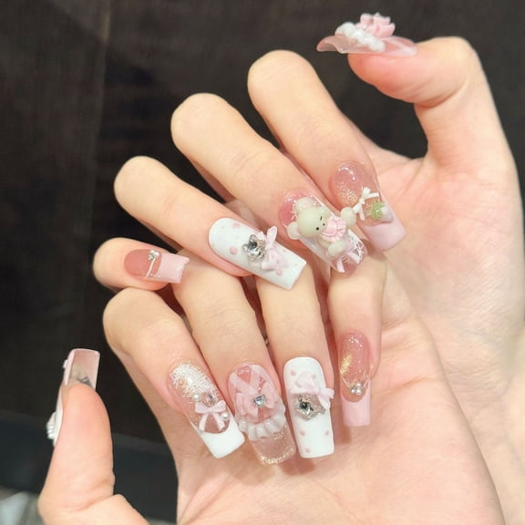 Yihe [Pink Bear Sweet Dream] Pink Gold Cat Eye Three-dimensional Bear Strawberry Girl Heart Handmade Wear Nail Art Sticker