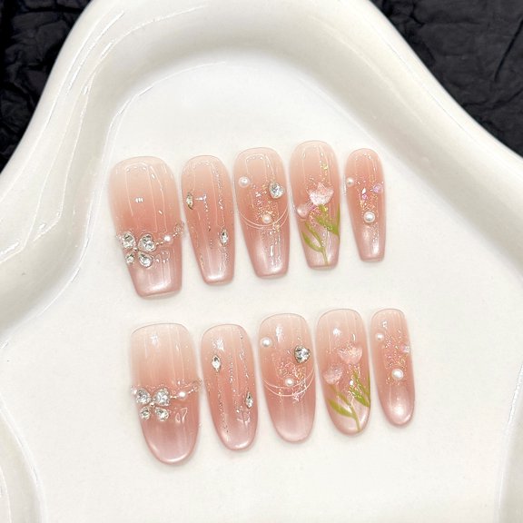 Yihe [Pink Dream Tulip] Spring and Summer Atmosphere Blush Cat's Eye Removable Nail Art Handmade Nail Wear